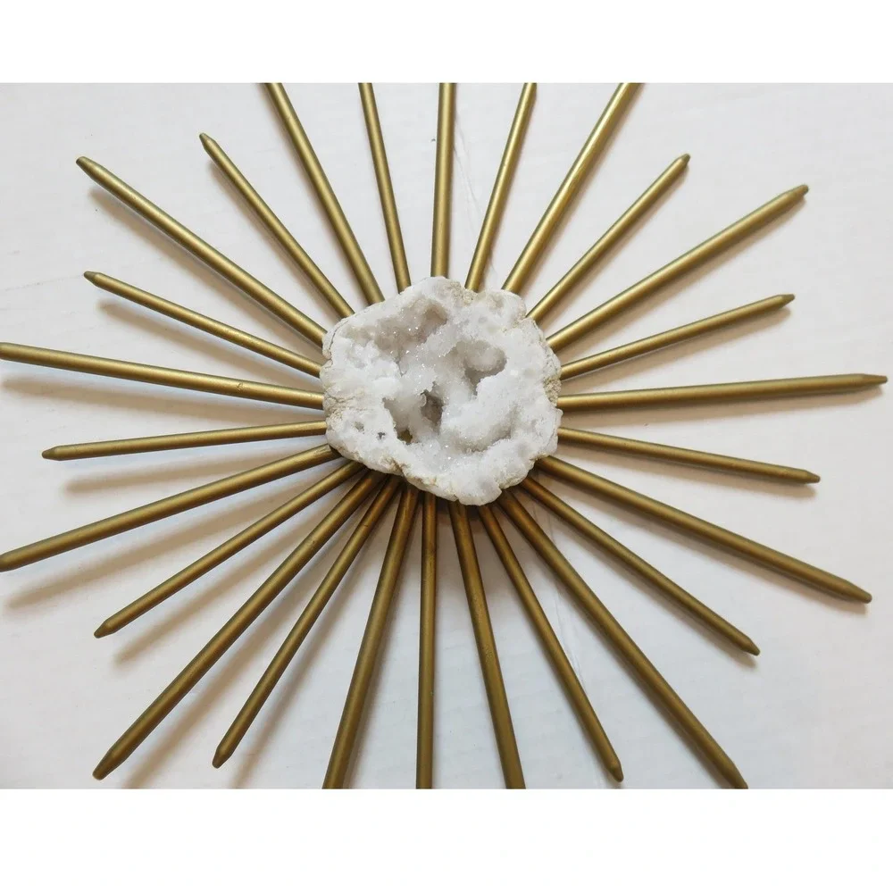 Gold MCM Metal Sunburst Wall Art Set Natural White Quartz Geode Centers 2pc